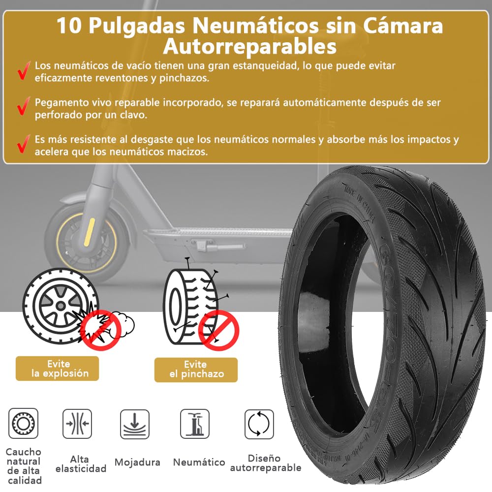 60/70-6.5 Neumático de vacío con válvula para Ninebot Max G30 Scooter eléctrico 10'' Neumático de repuesto sólido delantero/trasero con pegamento vivo incorporado reparable (2 piezas)