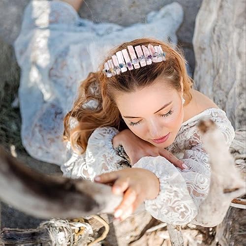 Miniatura 4 de JIC Gem Diadema de cuarzo transparente con corona de cristal de cuarzo crudo, tiara hecha a mano, tocado de piedra natural, para mujeres y niñas