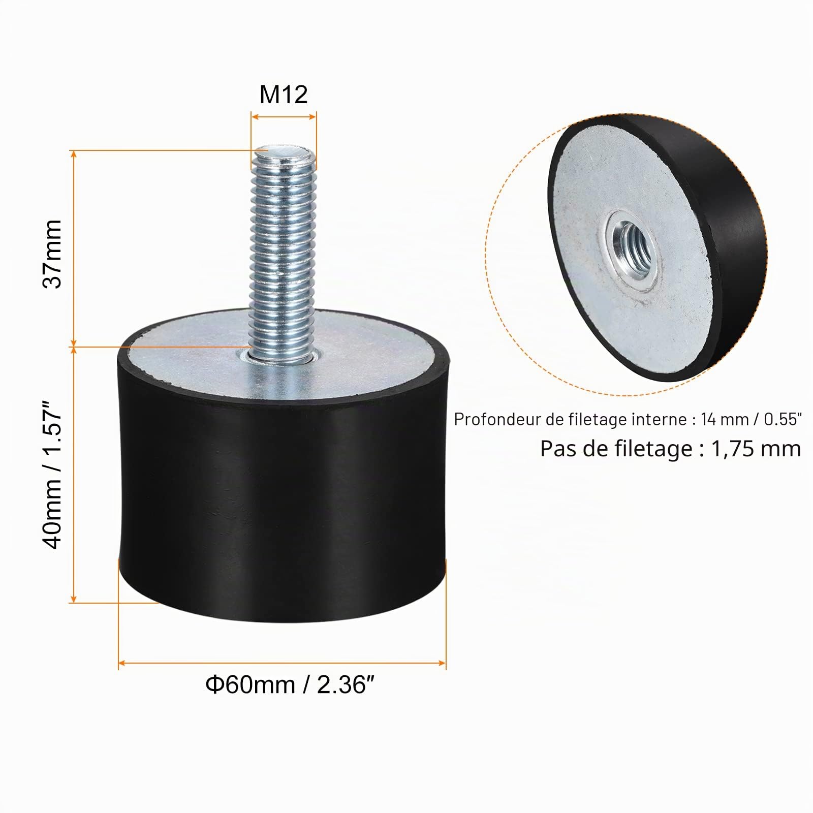 sourcing map Lot de 4 supports en caoutchouc M12 mâle/femelle - Isolateur de vibrations - Amortisseur de chocs - D60 mm x H40 mm - Pour moteur de garage, compresseur d'air, voiture, bateau