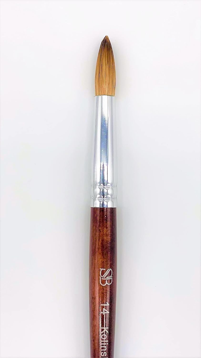 ROUND Acrylic Nail Brush with Pure Kolinsky Sable Hair (Size 14, Red Wood Handle)