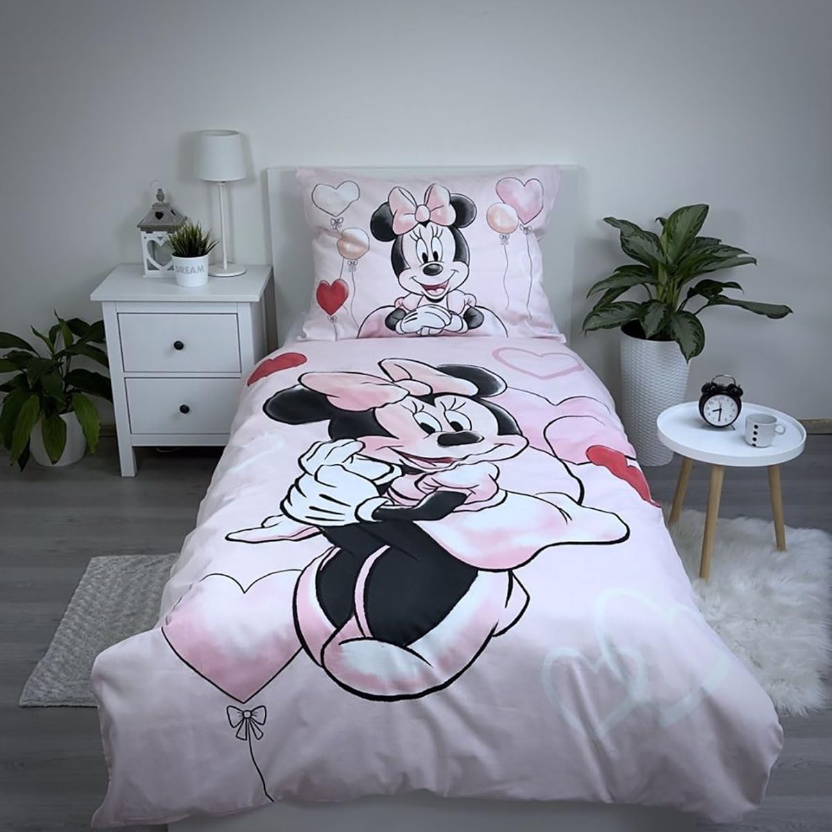 Minnie Mouse Balloon Copripiumino Singolo 140x200 + Federa Disney | Set lenzuola reversibile | Cotone naturale traspirante Oeko-Tex | Disney ufficiale | Bambine | Regalo | Lavabile in lavatrice