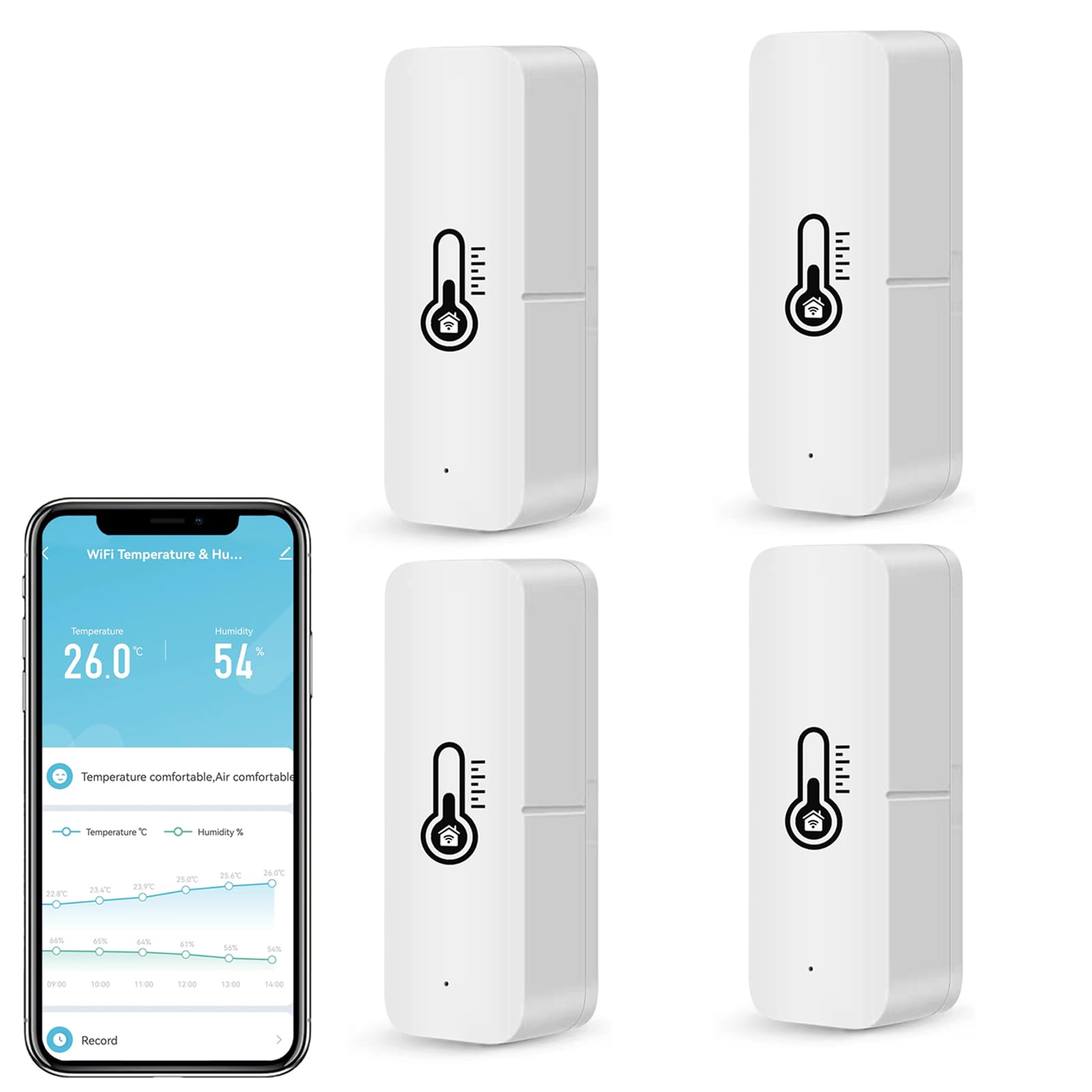 Thermomètre Hygromètre WiFi Intérieur, Mini Thermomètre Intelligent Pour Serre, Cave à Vin, Cave, Surveillance à Distance, Alarme De Notification, Stockage De Données Et Exportation. 4 Pièce