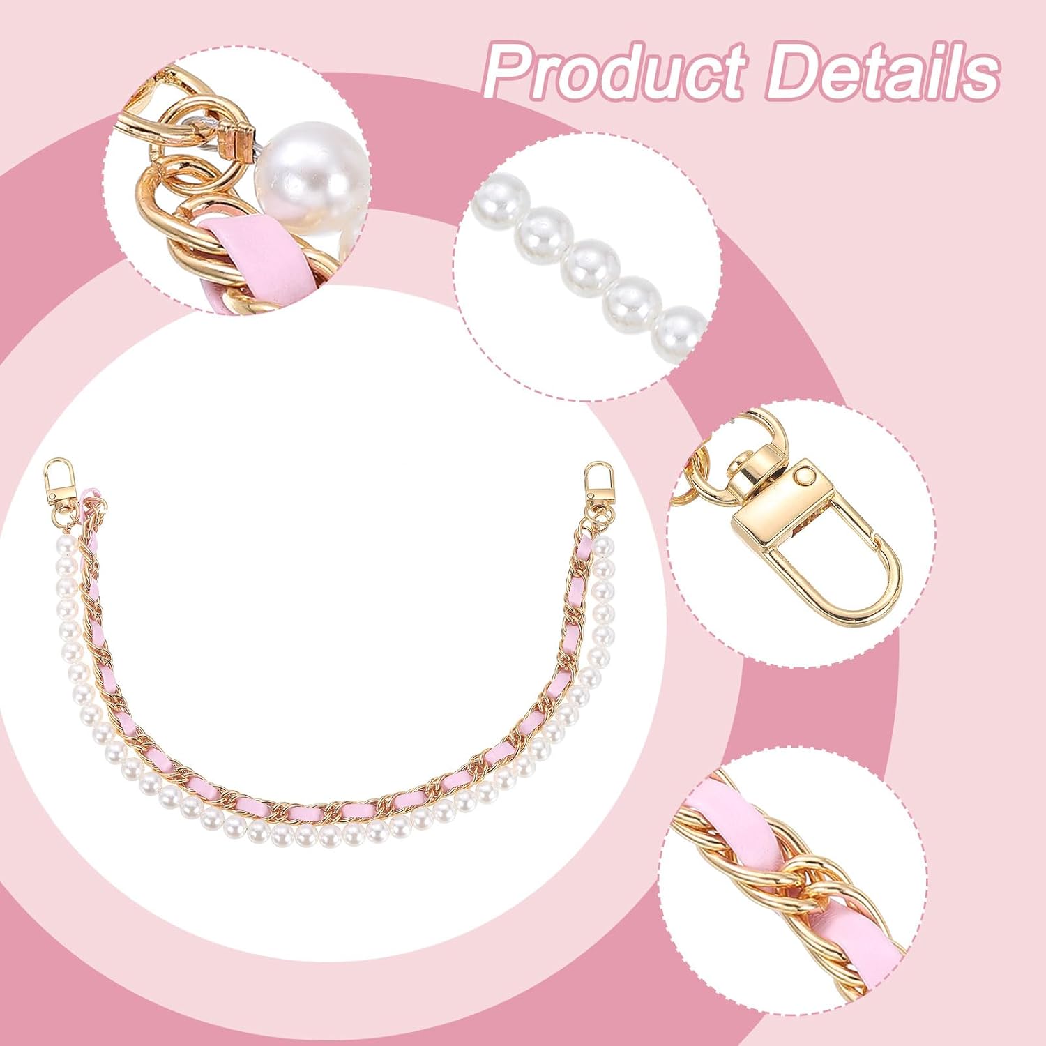 uxcell 17.7" Pearl Purse Double Chain, Metal Purse Extender Chain, PU Leather Double Handle Wrist Chain, Purse Handbag Strap Replacement Chain, (Pink, Gold Chain) - Image 4