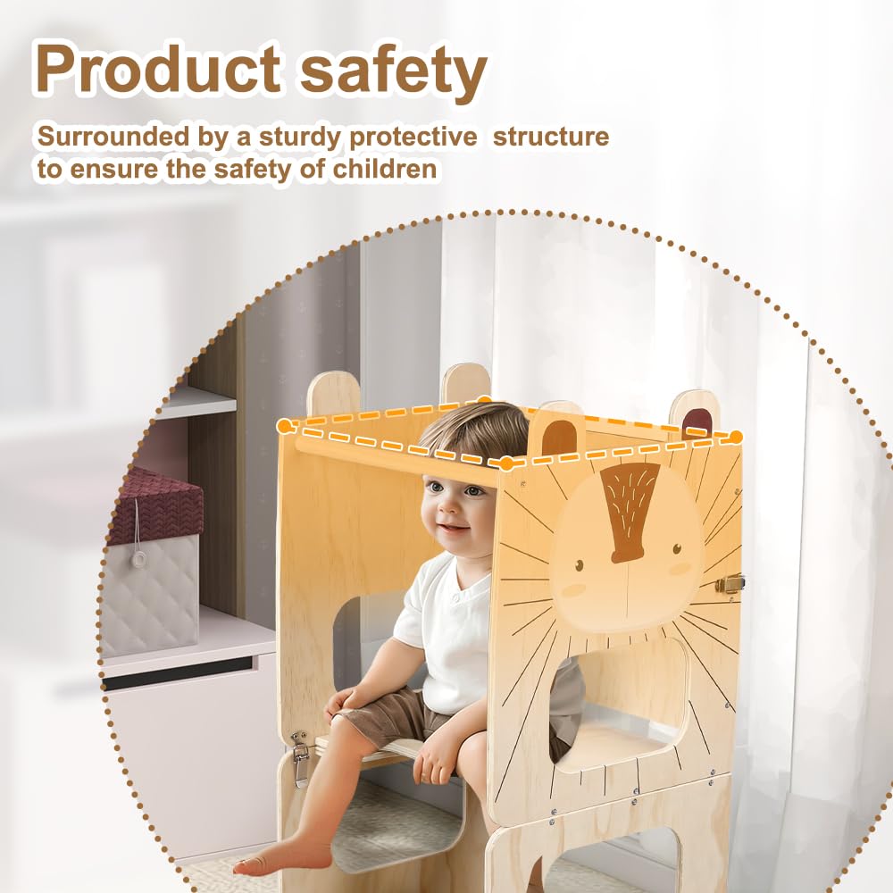 Lernturm 3 in 1, Lernturm für Kinder, Montessori Beobachtungsturm aus Holz, rutschfeste Oberfläche, Tisch und Stuhl für Kinder (Igel)