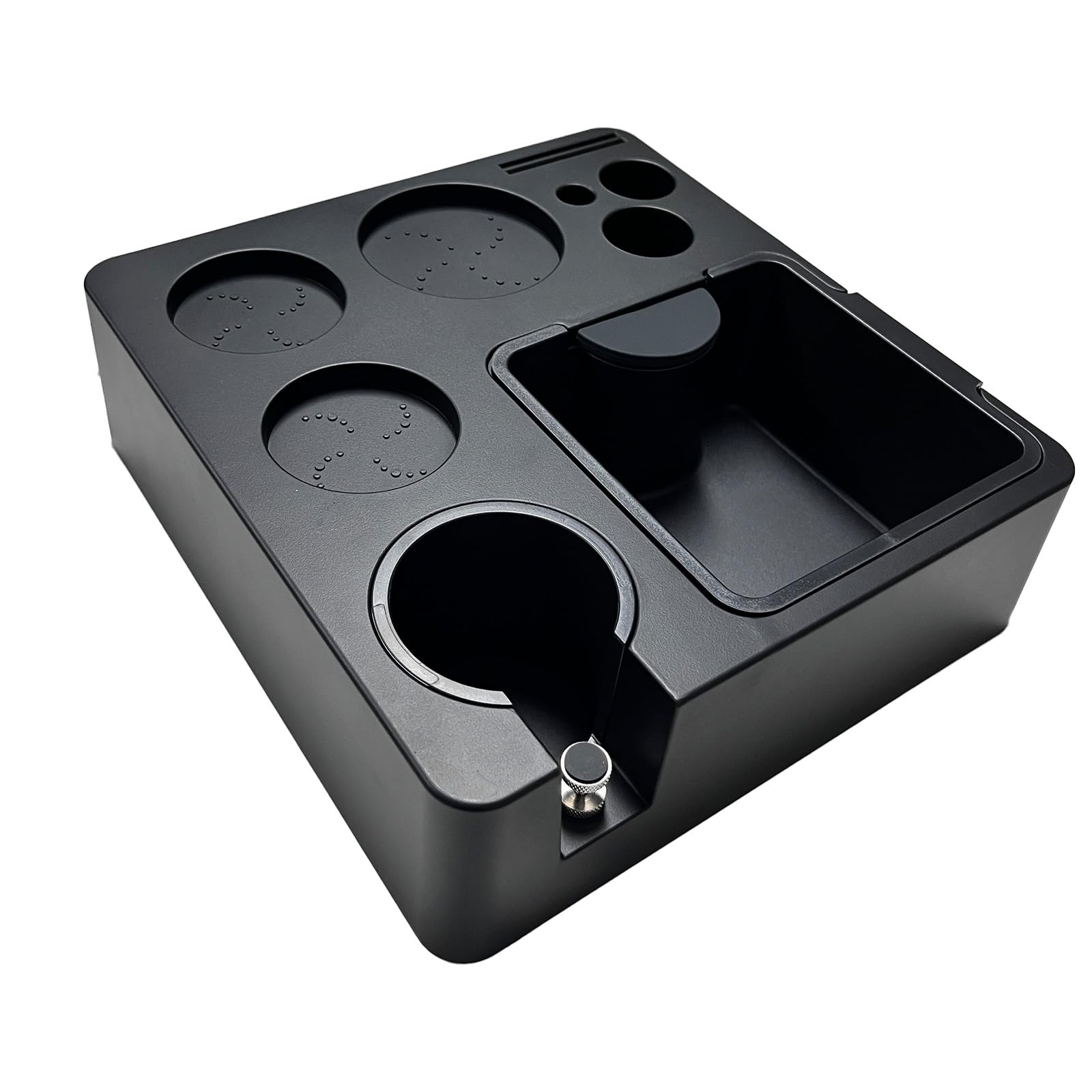 Estación de tampado para portafiltros de 51 – 58 mm, 4 en 1, con recipiente para posos de café, portafiltros y soporte para tamper (cuadrado)