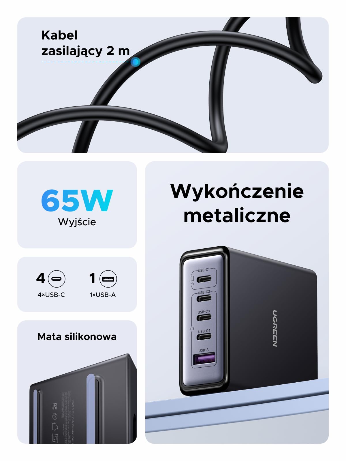 UGREEN Ładowarka USB C 65 W GaN Zasilacz 5 w 1 Stacja ładowania biurkowego 45 W PPS Szybka ładowarka Kompatybilna z iPhone 16-8 series, Galaxy S25, S24, A15, Pixel 9, iPady, MacBook Air
