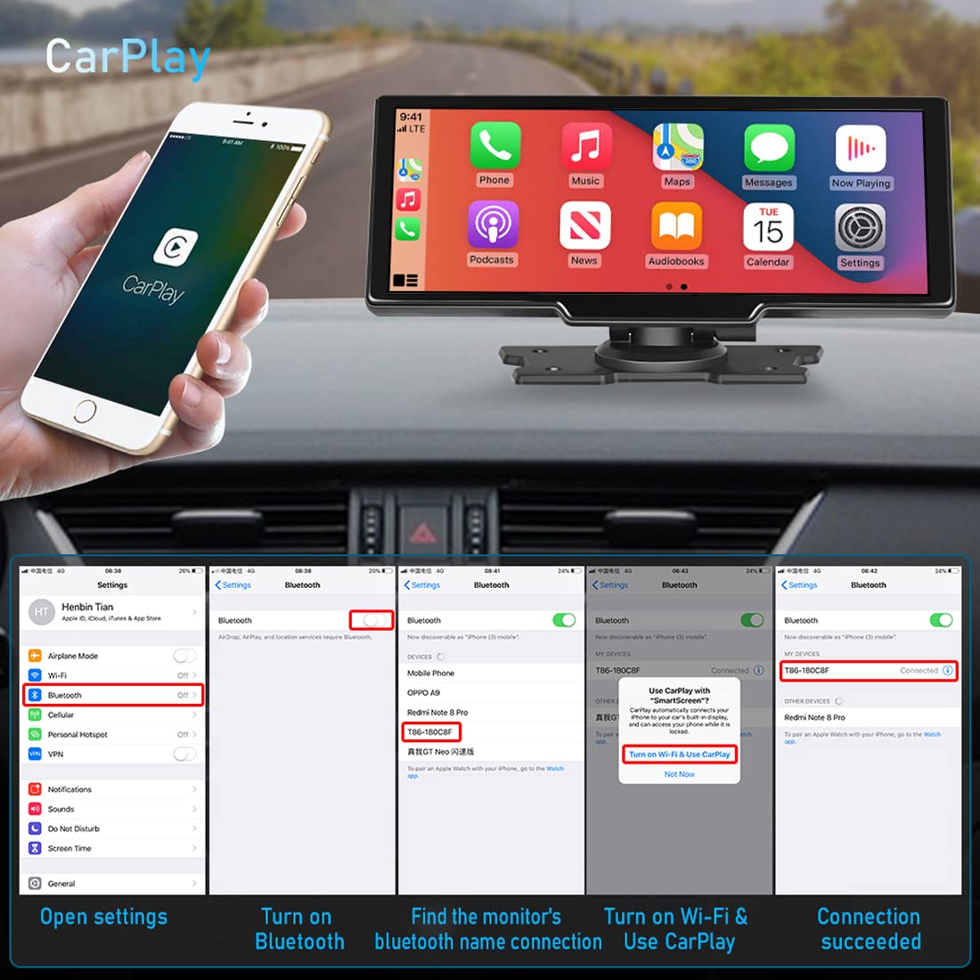 Apple CarAutoPlay inalámbrico y Android Auto Monitor de Coche con Pantalla táctil de 10" Estéreo de Coche, DVR, Autoradio en el salpicadero,Llamadas Bluetooth con cámara de visión Trasera Tarjeta 64G