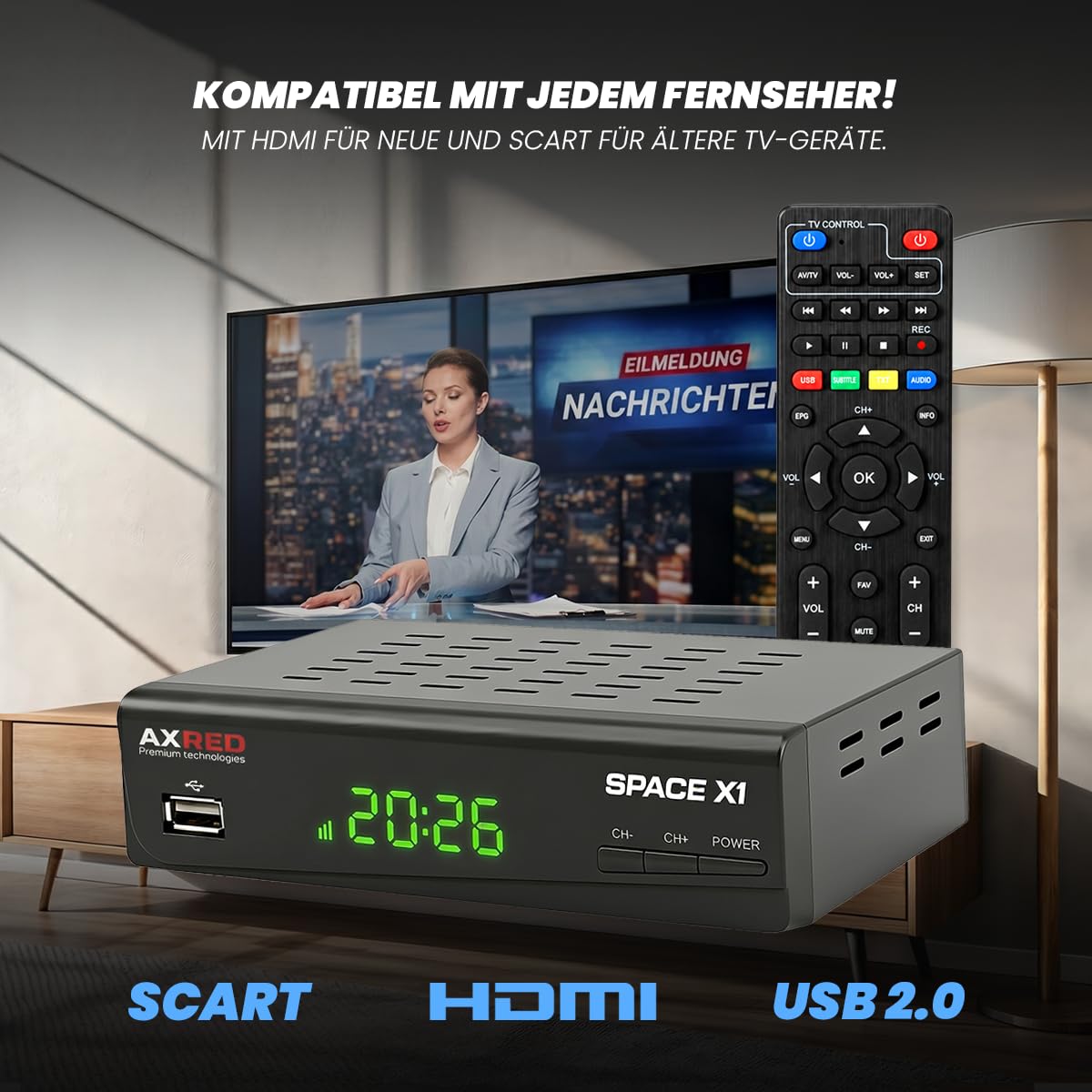 [ Test SEHR GUT, Note 1.0 *] AXRED Space X1 HDTV Sat Receiver mit Aufnahmefunktion, HD fähig, Full HD, Digital Sat-Receiver für Satellitenschüssel Satelliten Satellit TV Fernseher, HD-Receiver, HDMI