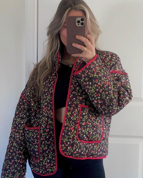 YKR Women's Cropped Puffer Jacket Floral Print Quilted Puffer Jackets Open Front Lightweight Short Jacket Trendy - Image 3