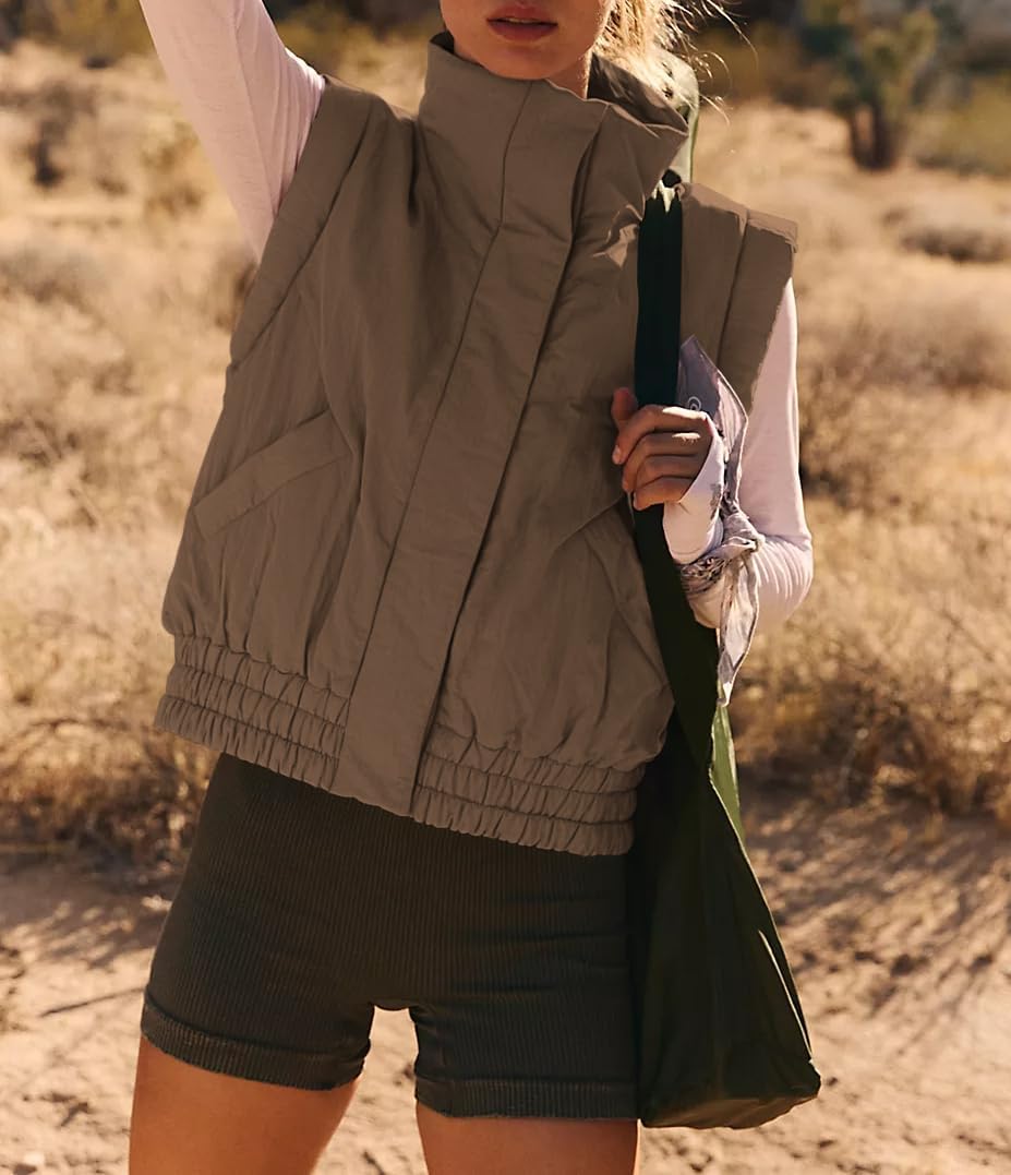 Women's Lightweight Puffer Vest Button Down Crop Quilted Vest Coat Stand Collar Sleeveless Padded Gilet With Pockets - Image 2