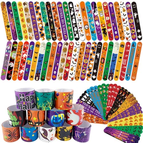 FODYNE 100Pcs Halloween Slap Bracelet Slap Bands with Spider Pumpkin Ghost Zombie Bat Witches Design Snap Wristbands for Kids Party Favors Toys Prizes Goodie Bags Fillers