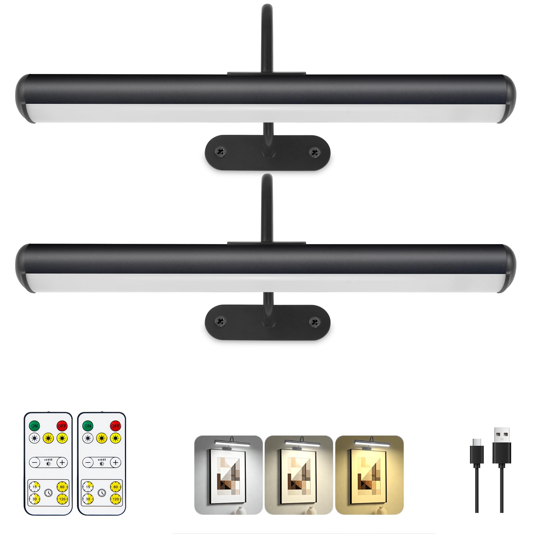 Wireless Picture Light for Wall, Battery Painting Lighting with Metal Material, Remote Control,3 Lighitng Colors,300LM Brightness Dimmable, Timer Auto-off, Adjustable Light head for Portrait Gallery