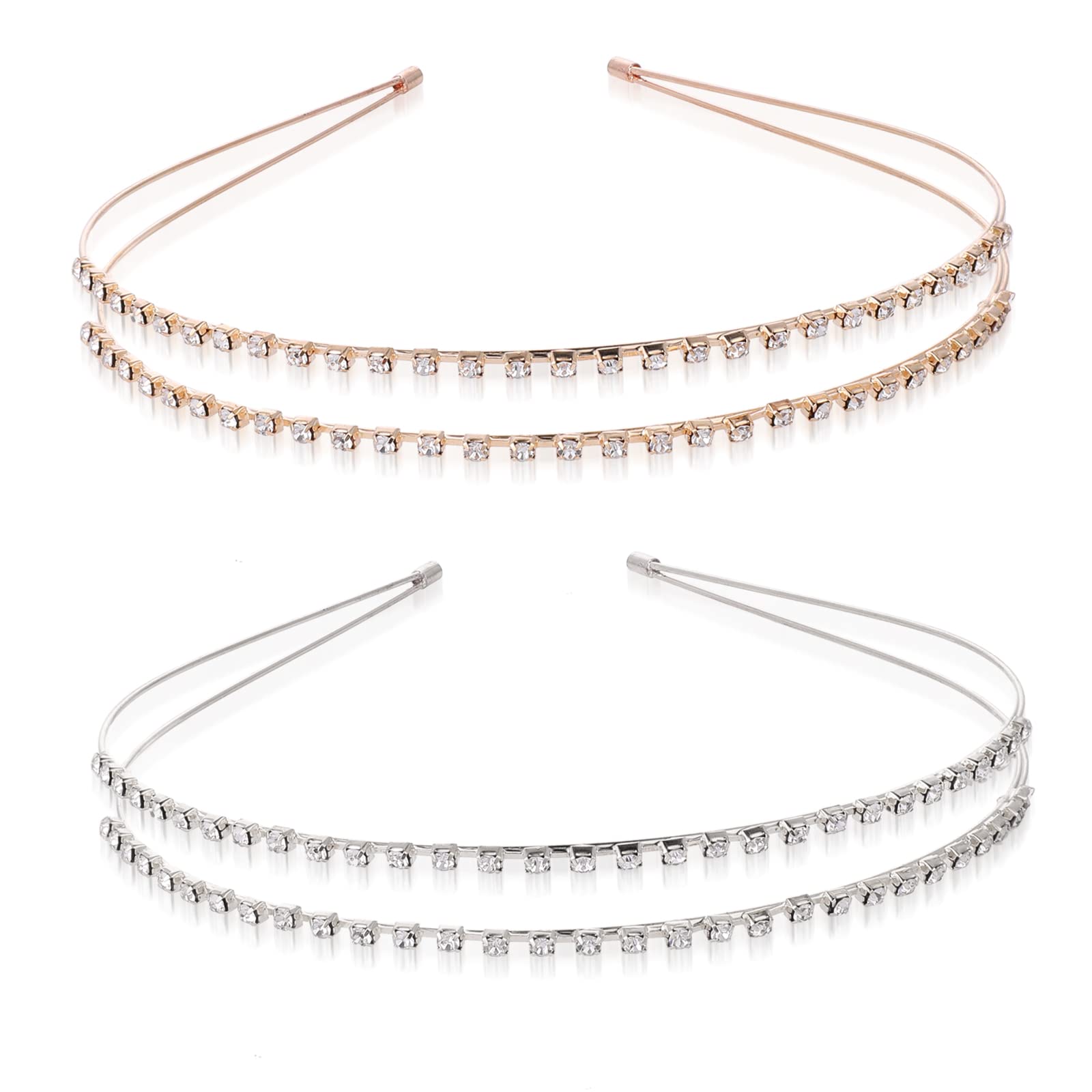 Sibba Paquete de 2 diademas de doble capa con diamantes de imitación de metal para el cabello, diademas de cristal brillante para princesa, bodas, novias (oro + plata)