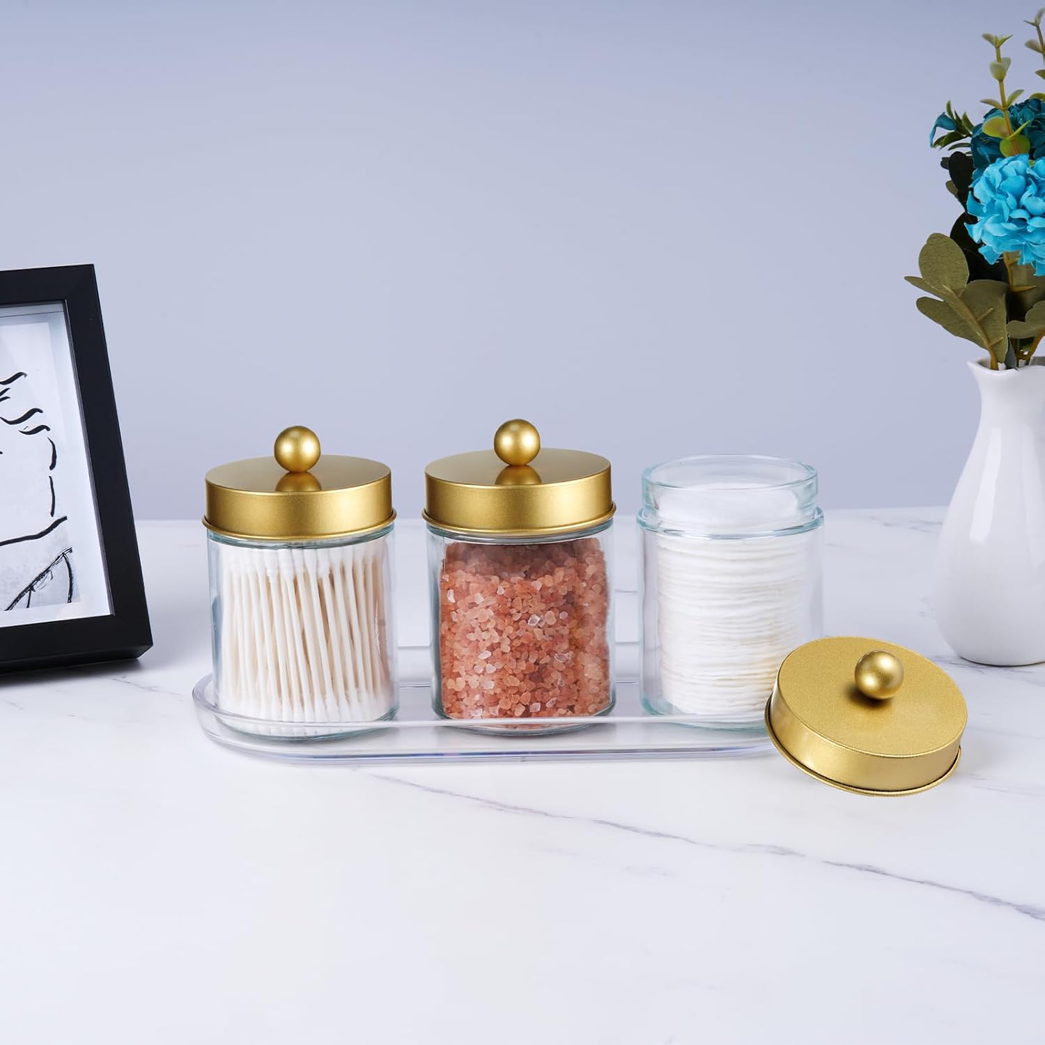 SheeChung Qtip Dispenser Holder 3pcs, Glass apothecary jars with Acrylic Vanity Tray, Countertop Canister Guest Bathroom Essentials Storage Organizer for Cotton Swabs/Balls, Floss Picks