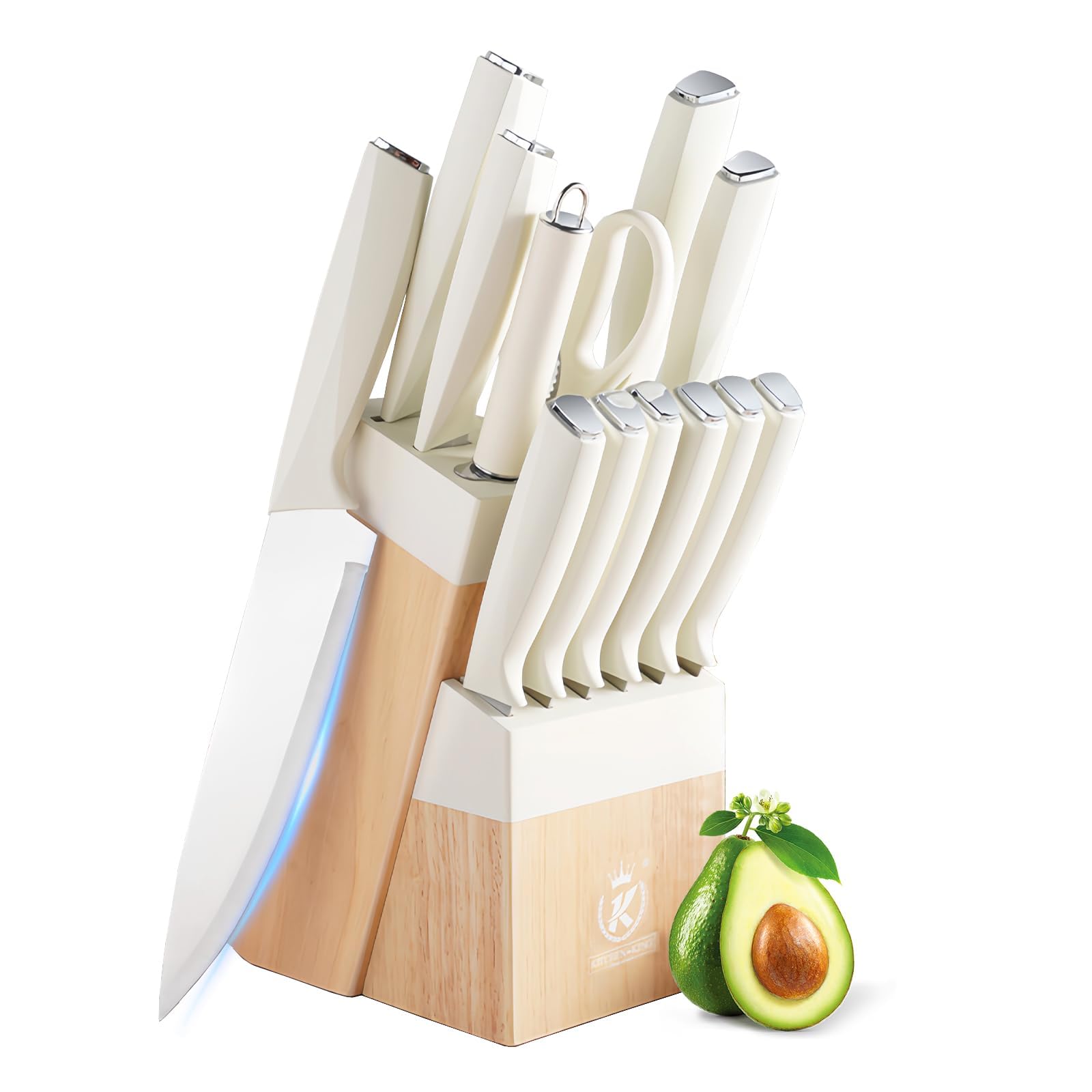 AVEKI Kitchen Knife Set, 14PC Knife Set with Block and Sharpener,Stainless Steel Sharp Blade Knives, Non-Stick Coating Cooking Knife Sets with Ergonomic Handle, Chef's Knife for Housewarming (White)