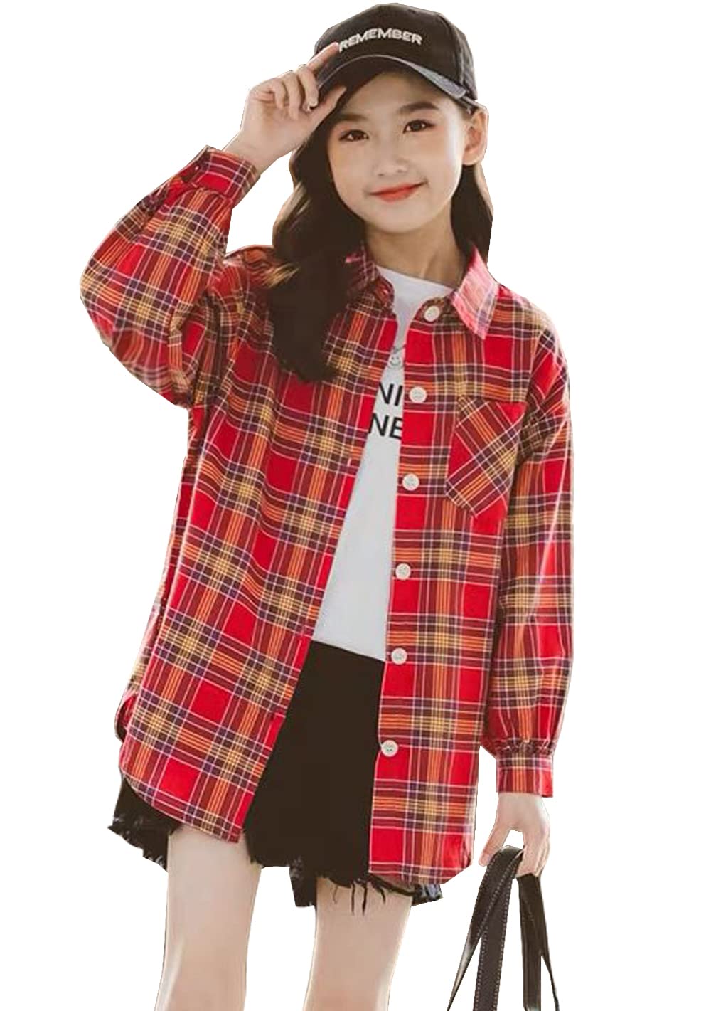 RHOPEM 120-170 여아 긴팔 셔츠 플레드 패턴 주니어 블라우스 정장 상의 아동용 패셔너블 스트릿 댄스웨어 학교 캐주얼 봄 가을 겨울 2가지 색상