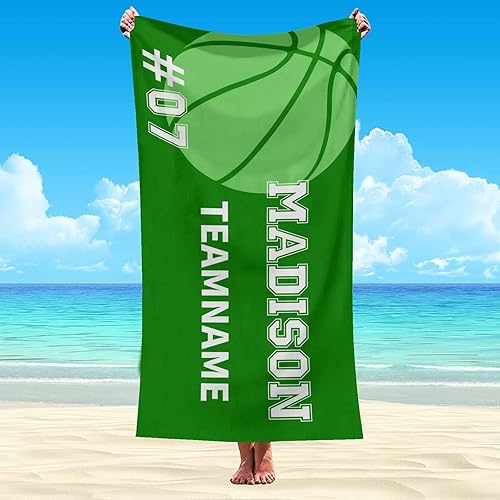 Miniatura 2 de Interestprint Toalla de playa personalizada con números de secado rápido para él y ella, toalla de playa personalizada de baloncesto verde para