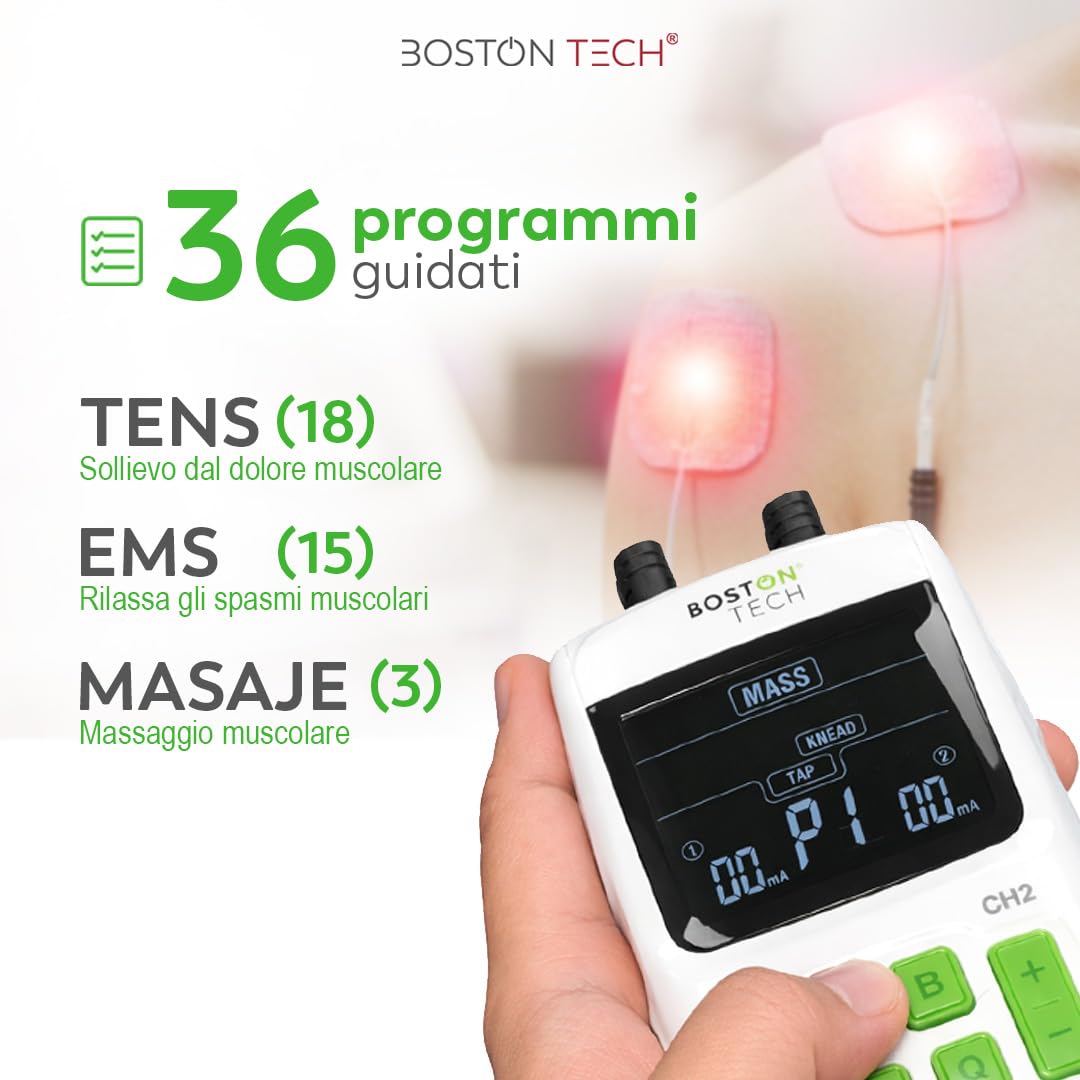Stimolatore muscolare Boston Tech WE112 3 in 1 TENS/EMS | 36 programmi + intensità regolabile + 4 elettrodi | Sollievo dal dolore, riabilitazione e stimolazione muscolare | Batteria AAA inclusa