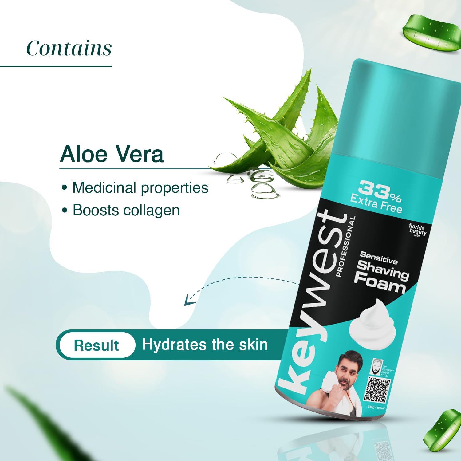 Keywest Sensitive Pre Shaving Foam for Men 385gm (33% Extra Free) | Shave Foam for Men Sensitive Skin | More Than 100 Shaves | Enriched with Tea Tree Oil & Aloe Vera 1