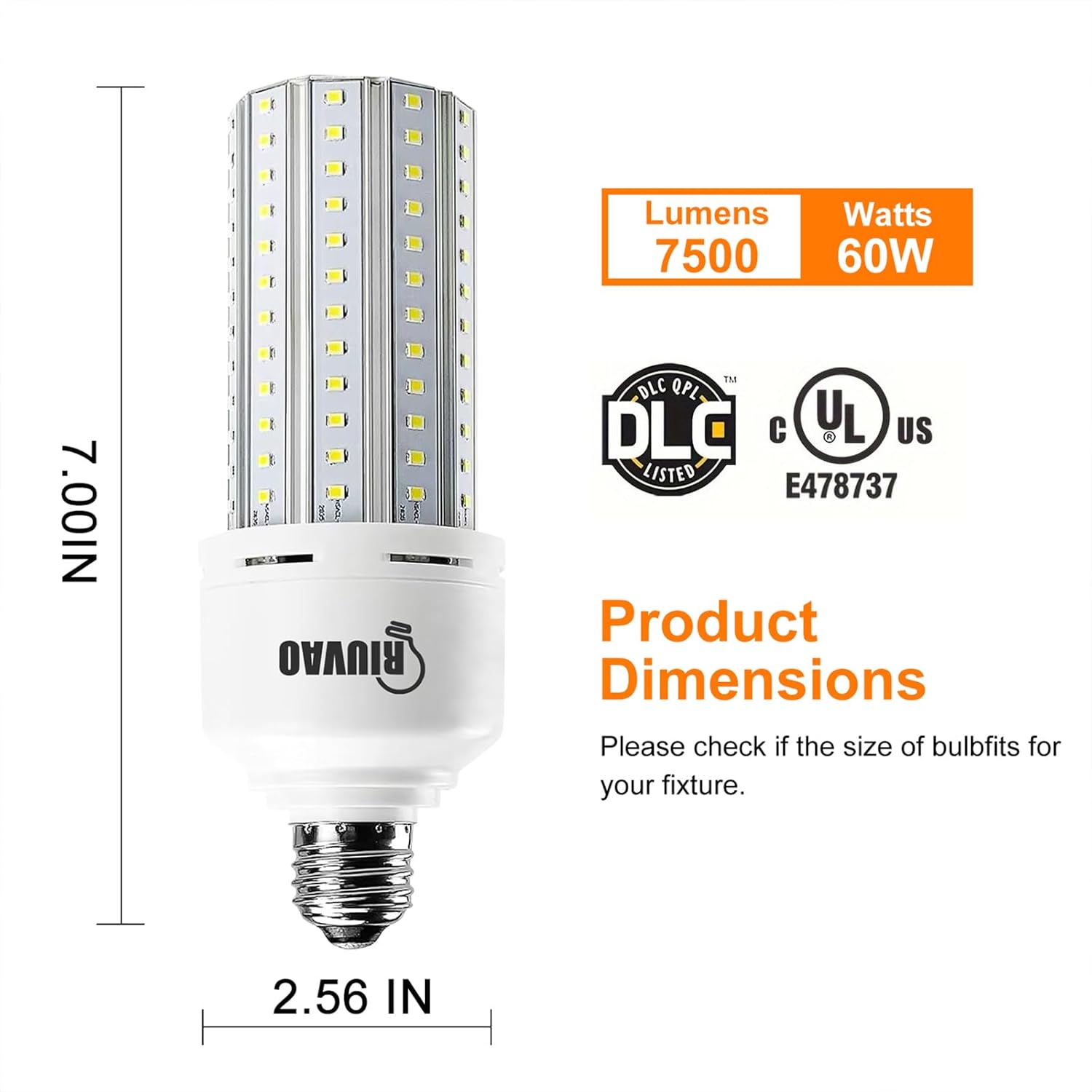 2 Pack Corn Cob LED Light Bulb 600W Equivalent, 60W LED Corn Bulb 7500 Lumen 5000K Large Area Cool Daylight White E26/E27 Medium Base for Garage Backyard Bedroom Warehouse Factory Workshop Street