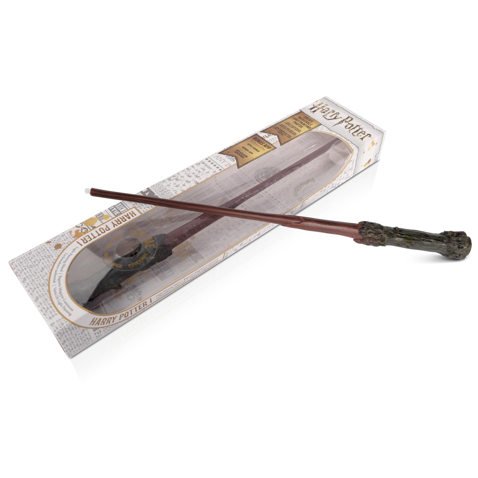 Harry Potter Zauberstab Harry Potter mit LED-Lichtspitze, 1:1 Filmreplik Handbemalt aus Harz, mit Geschenkbox & App für Lichtmalerei, batteriebetrieben