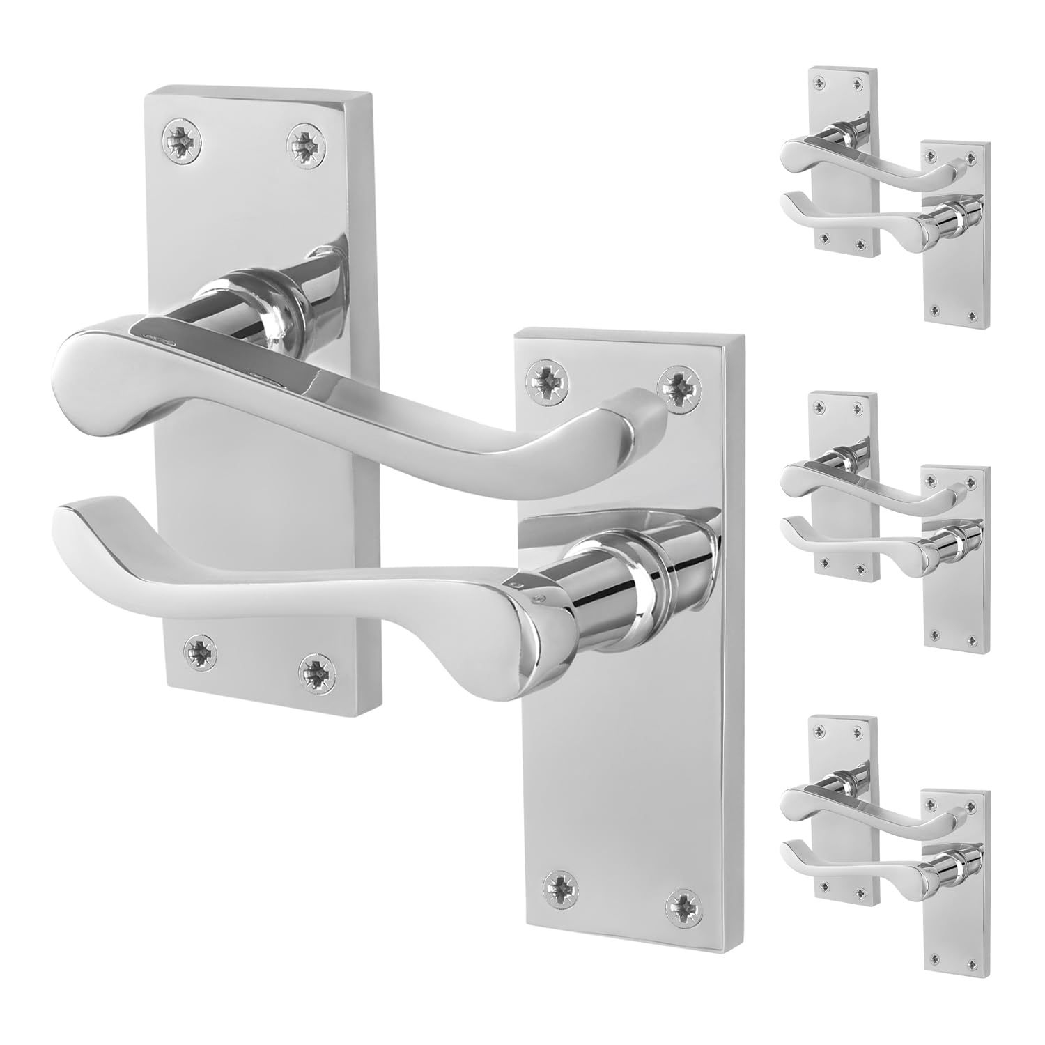 Eai Chrome Victorian Scroll Latch Handles, 4 Pairs Of Polished Internal Lever Door Handles On Backplate