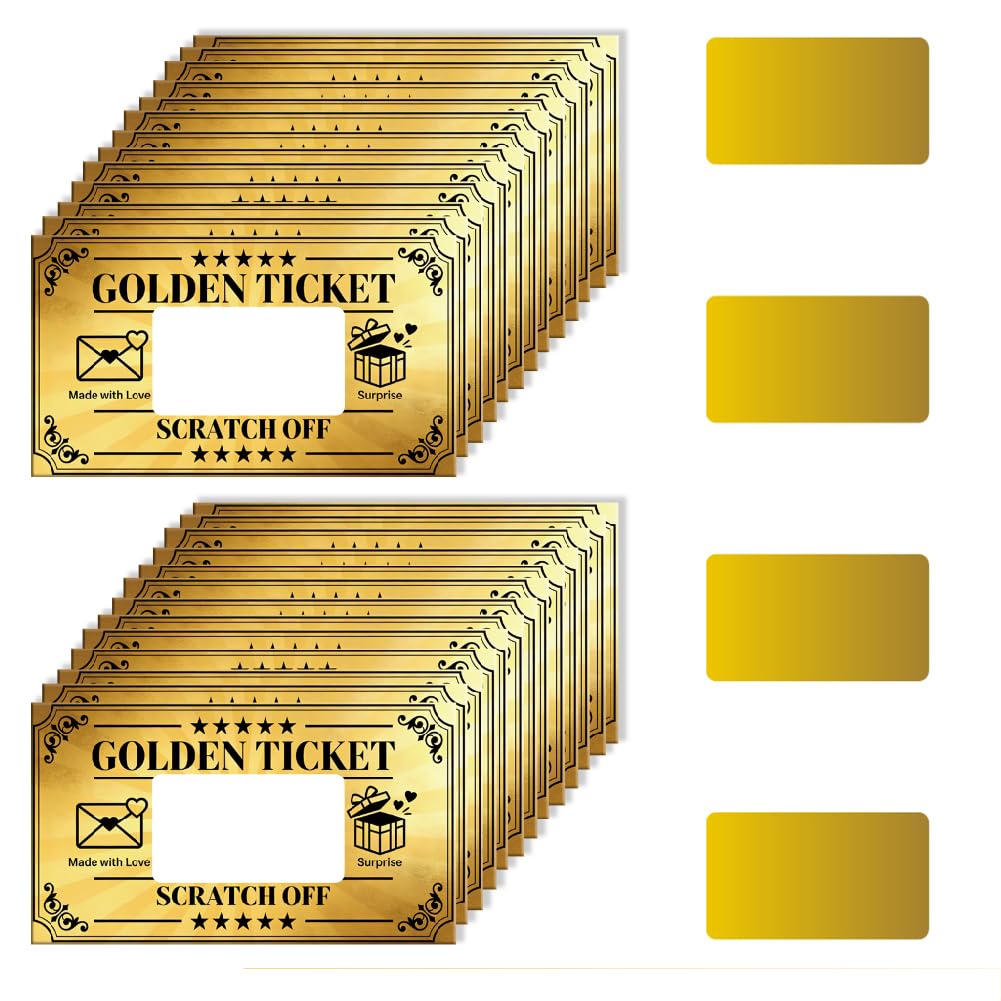 PRESSINART 120Pcs Gold Scratch Off Cards Stickers 3.7 x 2.1 Inch Golden Ticket Design, Scratch Off Cards Blank Gift Certificates DIY Coupons for Bridal Shower Birthday Party Supply Restaurant Business โ image 1