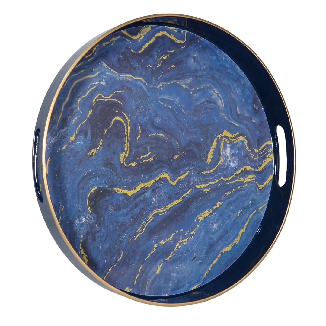Heaven4you Luxury Elegant Decorative Serving Tray Round Shape Design with Gold Trim | Glossy Finish Cosmetic Tray Organiser or Serving Tray for Coffee Table or Dining 33cm x 4cm (Blue Marble)