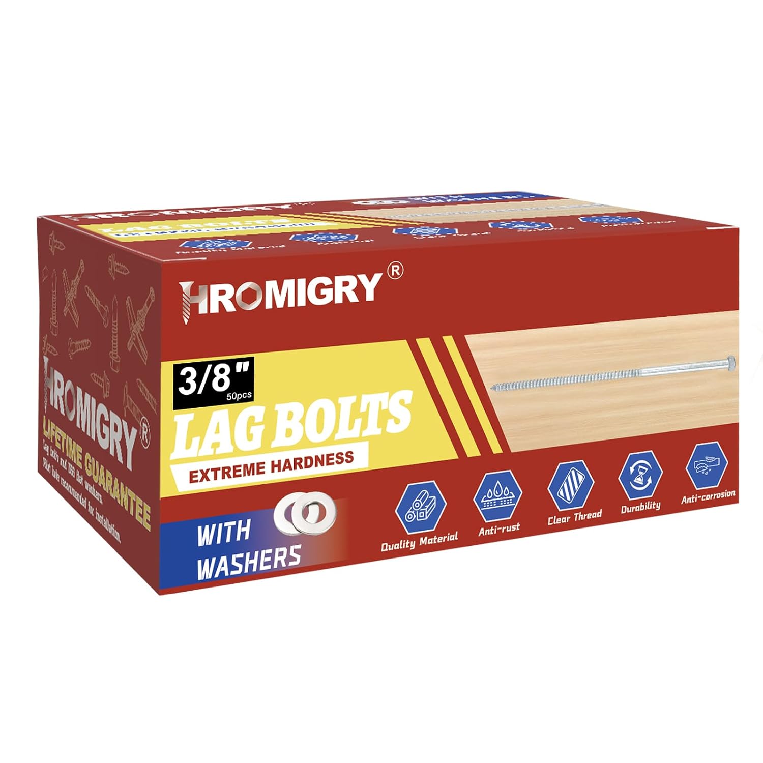 3/8" x 3" Lag Bolts (50 Pcs) Lag Screws for Wood, Hot Dip Galvanized, Hex Head with Washers