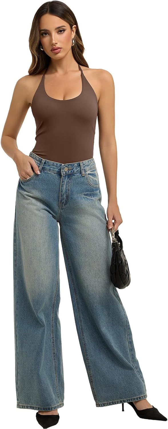 REORIA Bodysuits for Women Sexy Halter Tie Back Deep U Neck Bodysuit Backless Cami Tank Top - Image 5