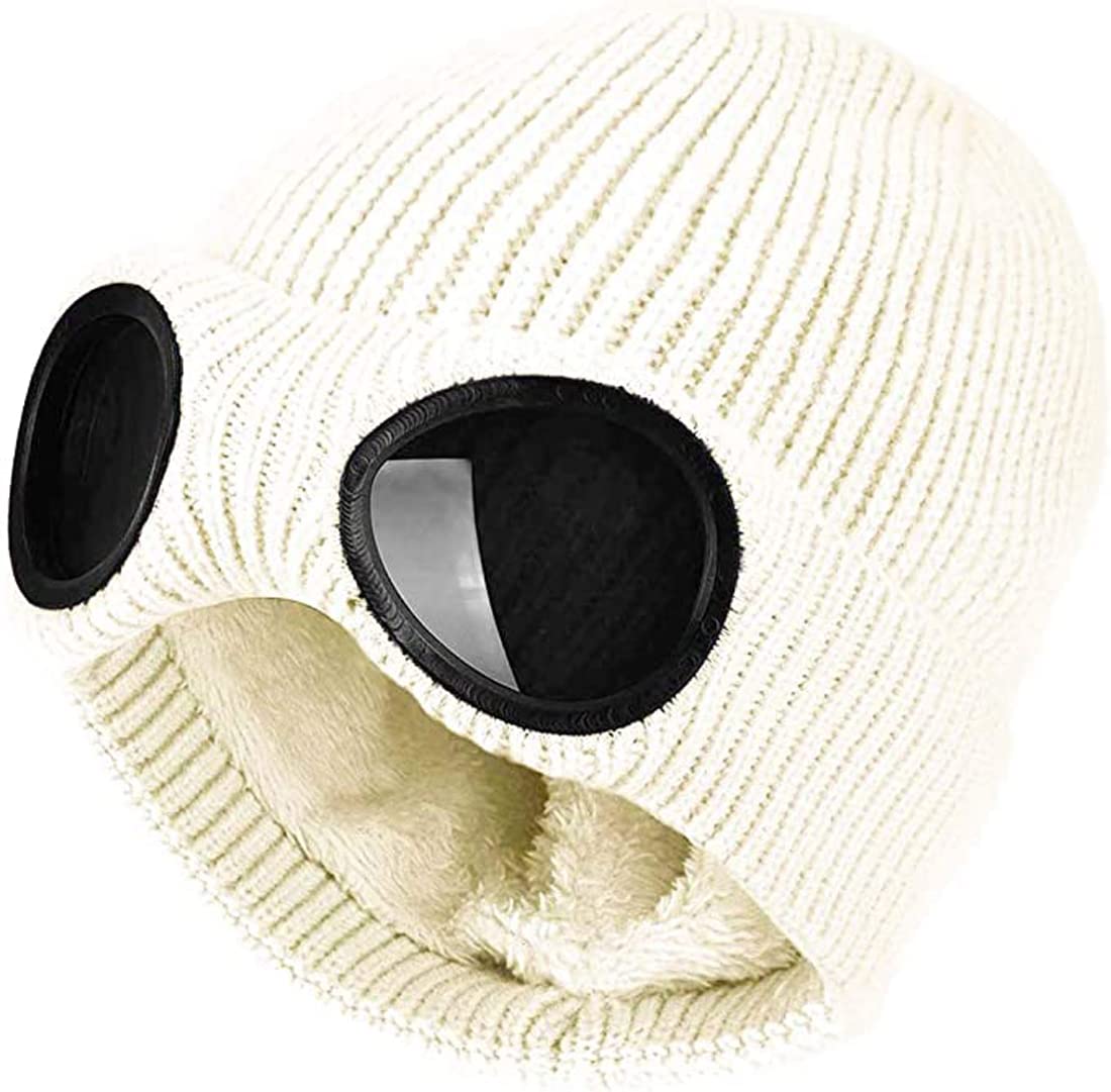 XRDSS Unisex Goggle Beanie Knitted Winter Chunky Beanie Hat (White)