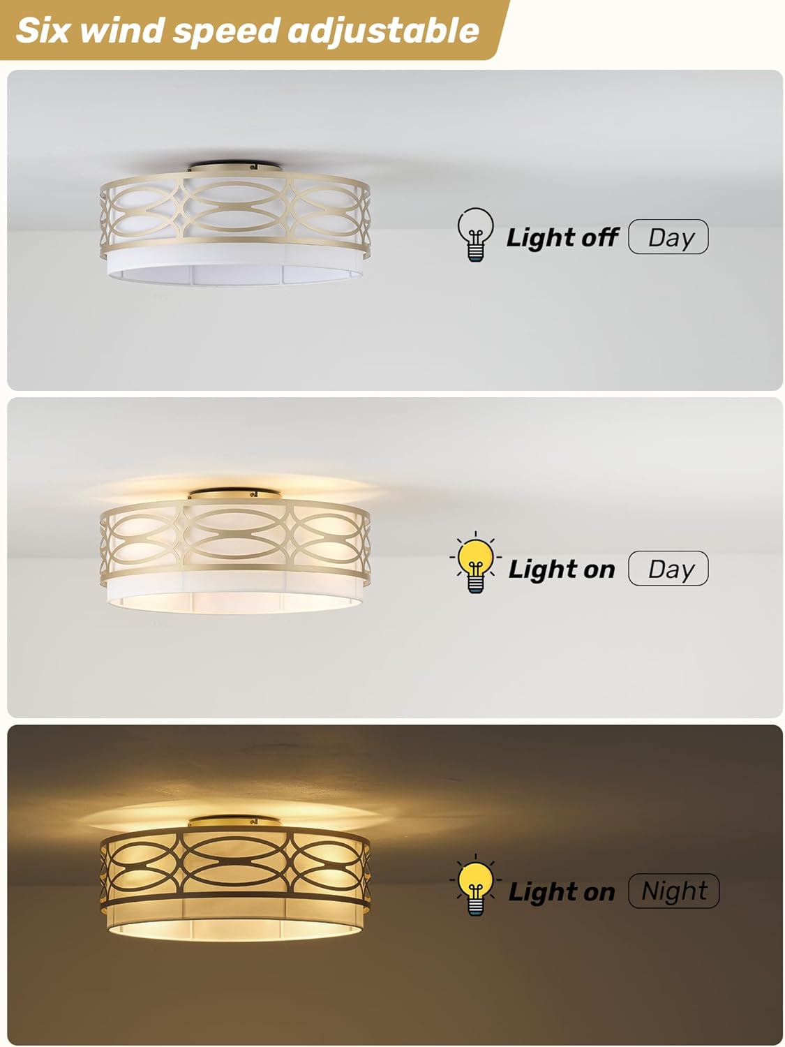 20" Gold Flush Mount Ceiling Fan with Light, Caged Boho Ceiling Fan with Lights Remote Control with 6 Speeds for Bedroom, Living Room, Nursery