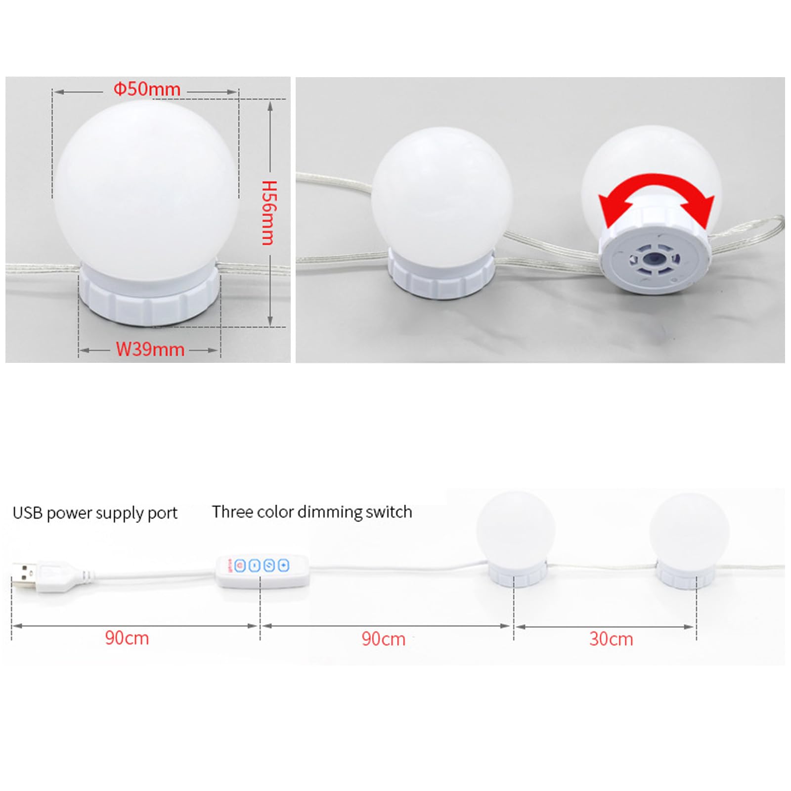 Xinlie 14 lamp LED do lustra, oświetlenie lustra, do toaletki, 3 zmiany kolorów i 9 ściemnianych lampek, z włącznikiem, do lustra kosmetycznego, łazienki