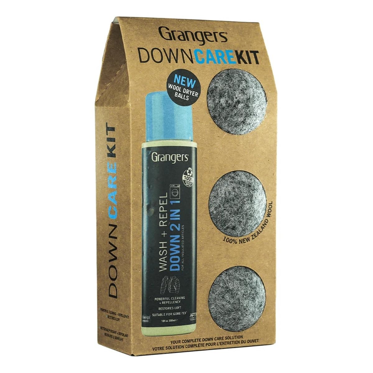 Grangers Down Care Kit - 2 in 1 Wash + Repel Detergent for Down (10 oz) with 3 Reusable Wool Drier Balls To Restore Down Loft