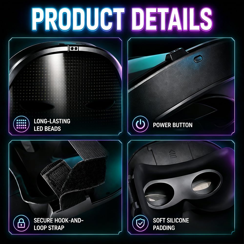 Maschera a LED con rilevamento dei gesti, 115 immagini e 12H batteria LED