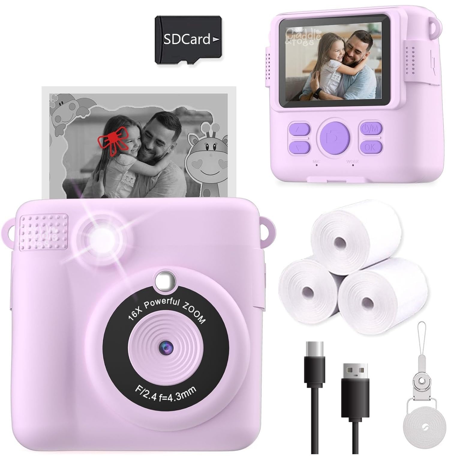 CADDLE & TOES Instant Print Camera for Kids, Christmas Birthday Gifts Girls Boys Age 3-12, HD Digital Video Cameras Toddler, Portable Toy 3 4 5 6 7 8 9 10 Year Old Girl with 4GB SD Card (Purple)