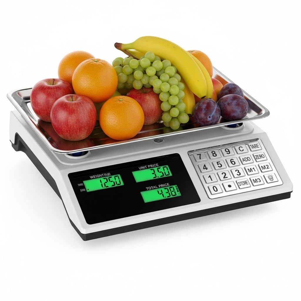 Bascula balanza Comercial para Pesar Fruta, verdura, carne. Peso 40kG Teclas de Acero Suma 2 en 1 bateria interna y corriente 220V inalambrica pantalla delantera y trasera.