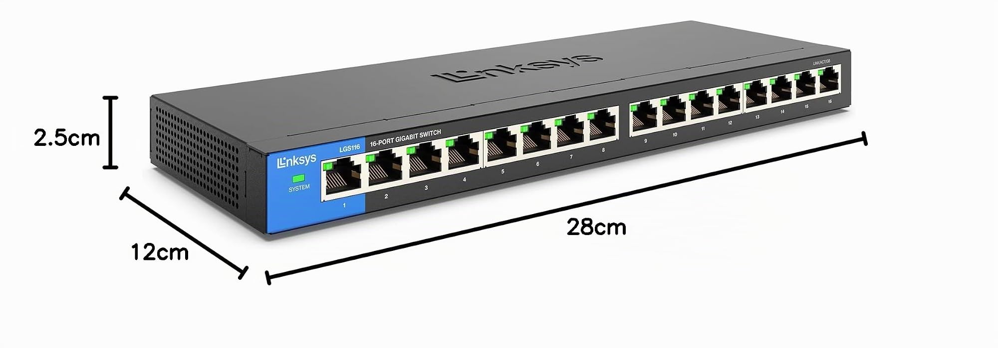 Linksys LGS116-EU switch de red no administrado Gigabit de 16 puertos, concentrador Ethernet para casa y oficina con carcasa metálica, montaje de sobremesa o en pared, divisor Ethernet, plug and play