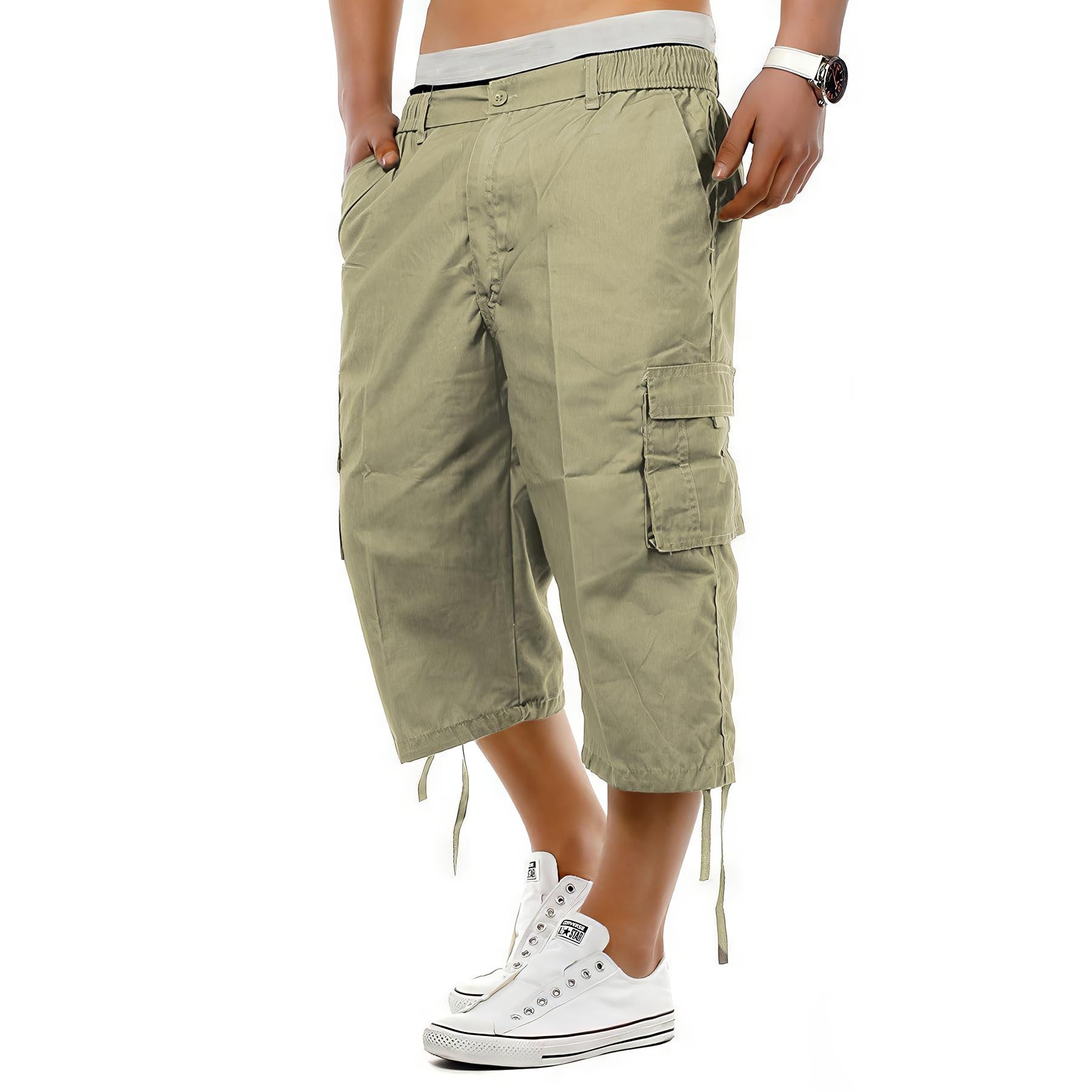 Mens Elasticated Waist Smart Casual Summer Plain Cargo Long 3/4 Shorts Pants