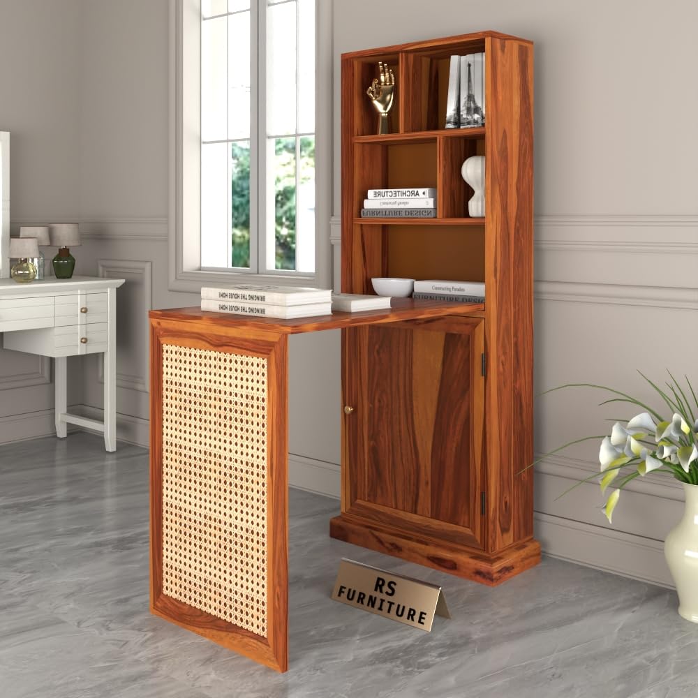 Solid Sheesham Wood Foldable Study Table with Bookshelf | Wooden Wall Mounted Work Desk with Storage Cabinet & Open Shelves | Space Saving Laptop Desk for Home-image-6