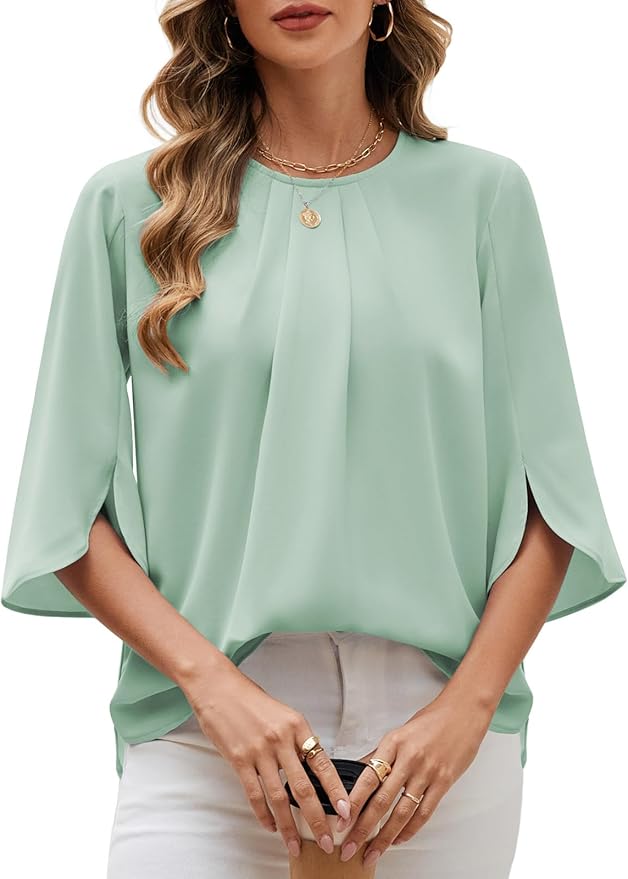 PASUDA Camiseta Mujer con Cuello Redondo Volantes Elegante Blusa de Manga 3/4 Verano Camisa Suelto Basic Tops Casual de Color Sólido