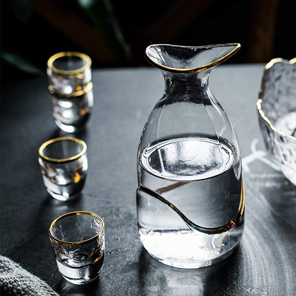 7-częściowy zestaw szklanych sake, zestaw kieliszków do wina w stylu japońskim, kubki rzemieślnicze ze złotą krawędzią, 1 butelka i 6 filiżanek, do zestawów zimnych/ciepłych/gorących sake/Shochu/zasta