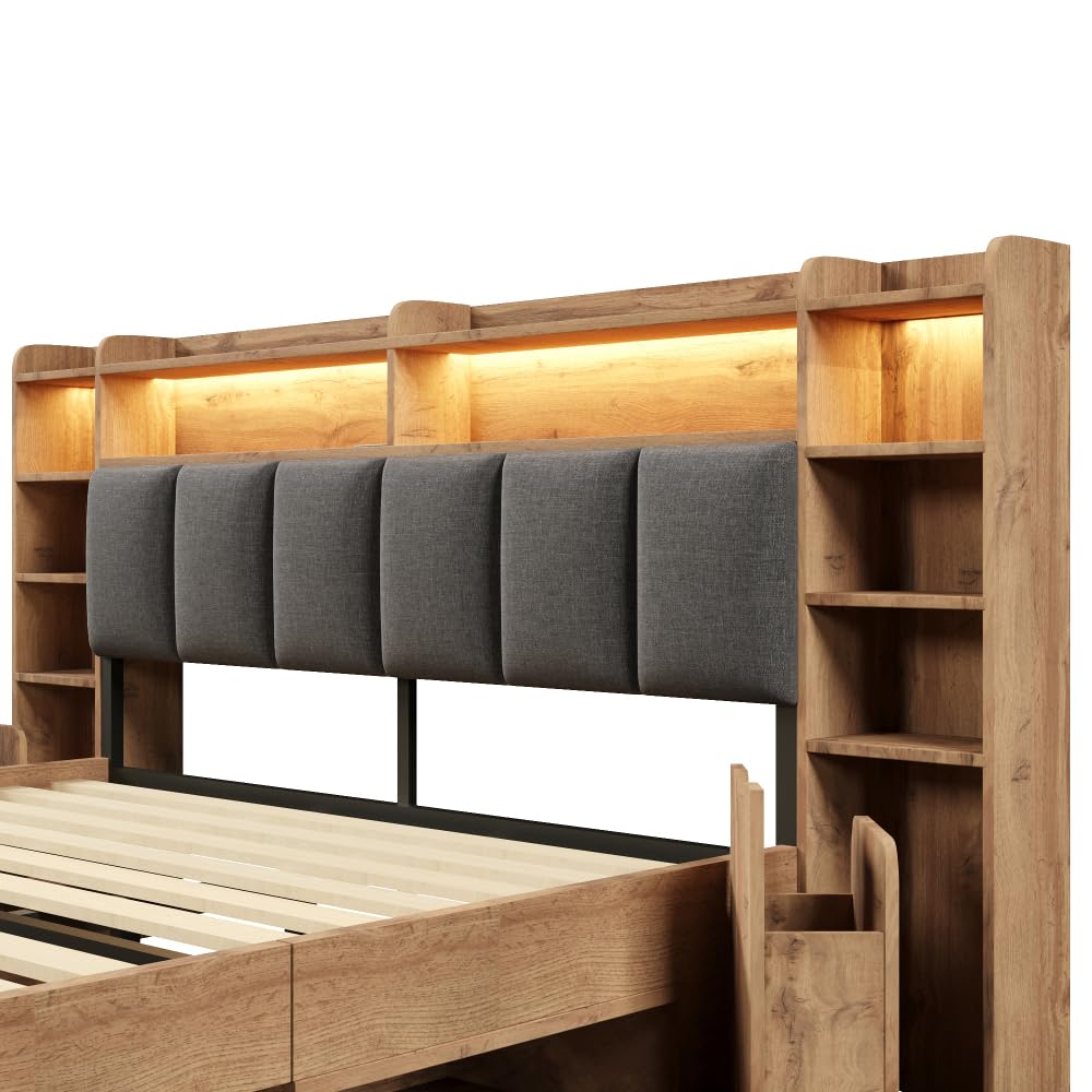 Cama de 180 x 200 cm con cajones, iluminación LED, puertos USB y Type-C, cama de 180 x 200 cm con somier de láminas de madera, estructura de cama de matrimonio con almacenamiento, roble, cabecero