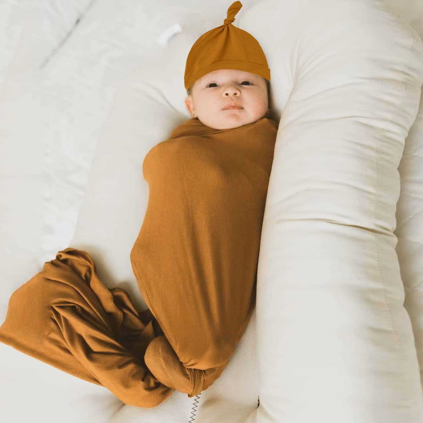 Aijoviko Newborn Swaddle Blanket With Hat Set – Soft, Stretchy Baby Wrap For Boys & Girls (Neutral Colors) - View #3