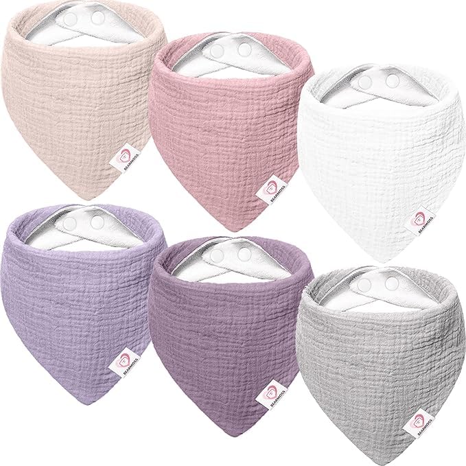 Image of Bearmoss Muslin Baby Drool Bibs 6Pcs Soft 100% Cotton Bibs Triangular Adjustable Baby Bandana Bibs Ideal Gift for Baby Girls & Boys Newborn Baby Teething and Drooling (Pink)