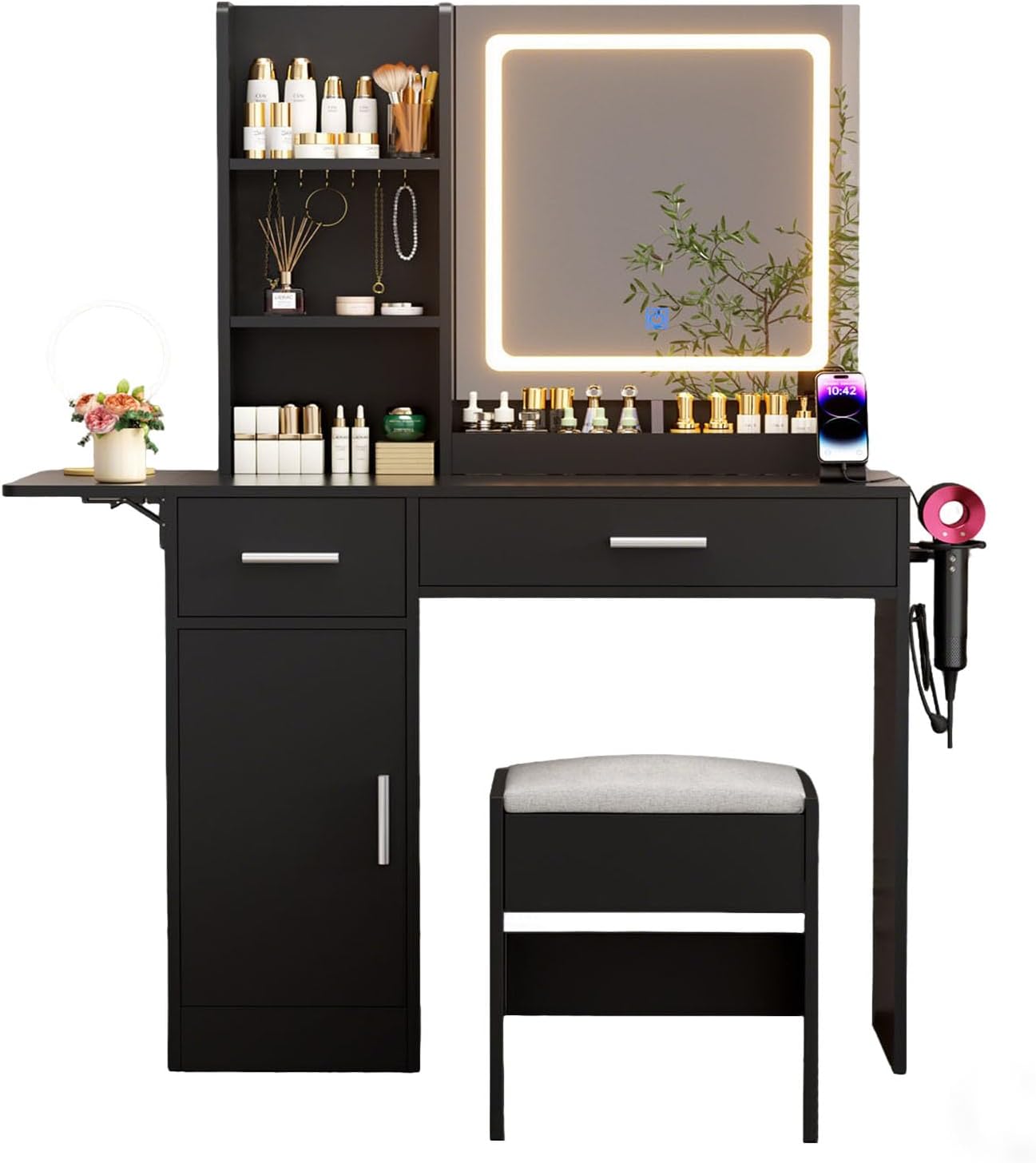 Vanity Desk with Mirror and Lights, 43.3" Makeup Desk with Stool and Plug Outlet, 5 Drawers and Open Shelves Make Up Table with Extral Foldable Desk for Bedroom, Black