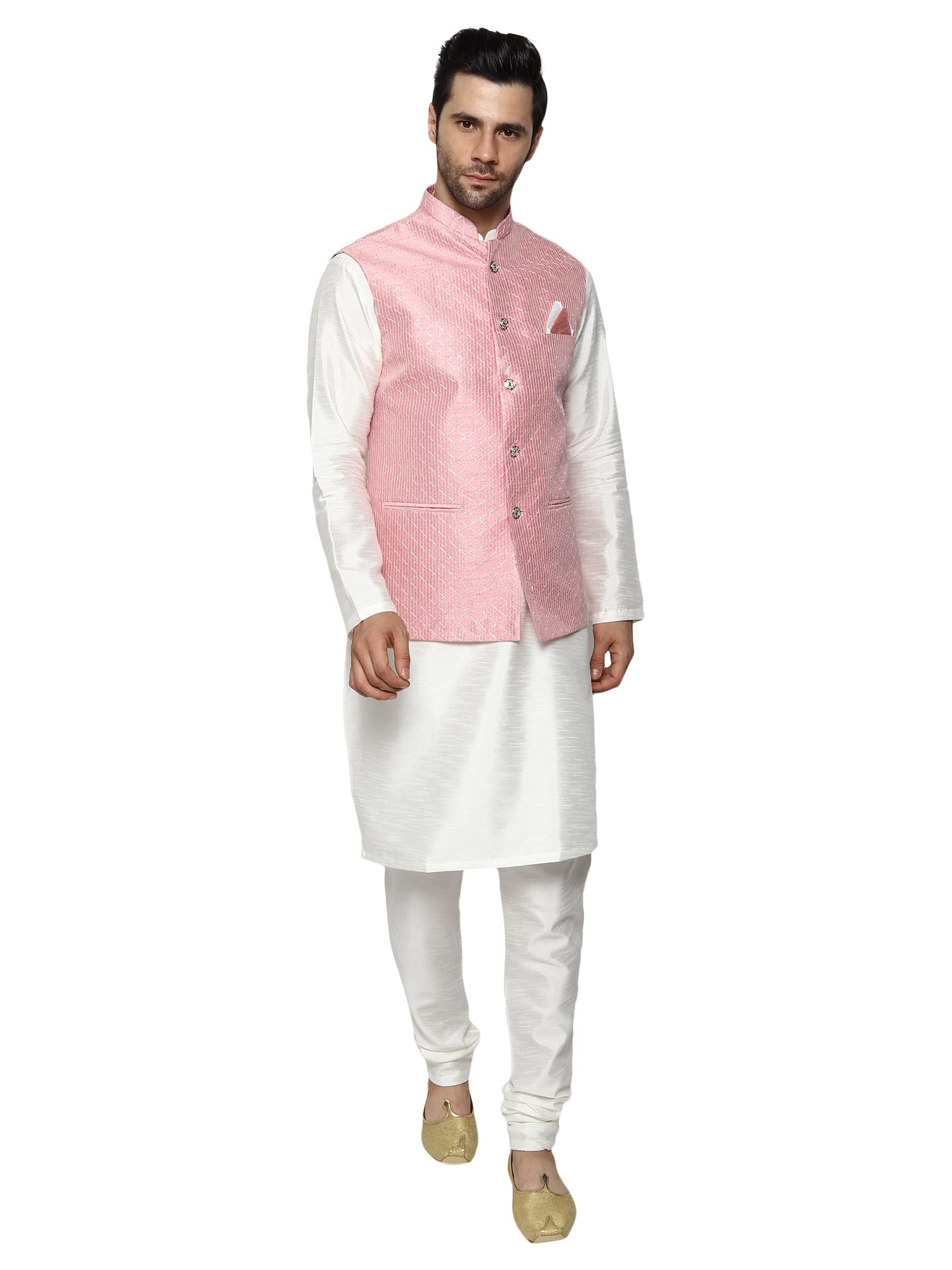 Uri and MacKenzie Men's Silk Blend Regular Kurta Churidar Pyjama with Bundi Nehru Jacket/Waistcoat