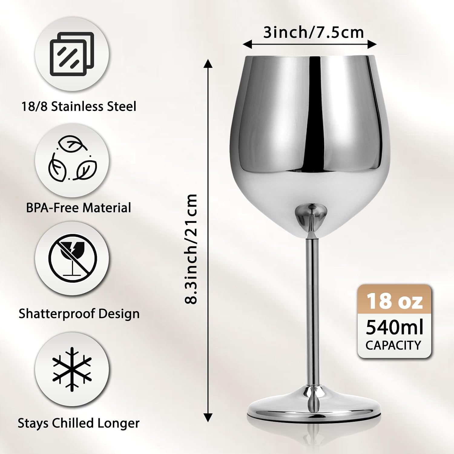 Stainless Steel Wine Glasses Set of 4, 18oz Silver Goblets (Shiny) image 2