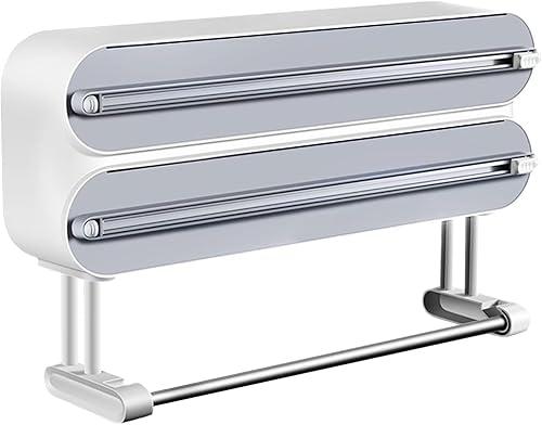 Organizador de envolturas 3 en 1 con cortador incluye 2 rollos de envoltura de plástico y dispensador de papel de aluminio, soporte magnético para