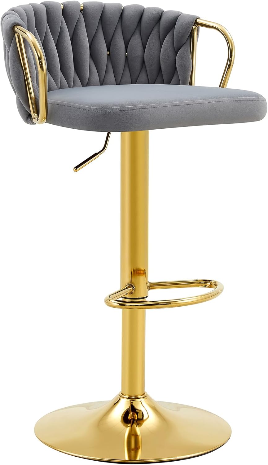 Bar Stools Set of 2, Modern Luxury Velvet Kitchen Island Chairs with Adjustable Height, 360° Swivel Gold Metal Base & Woven Rope Backrest, Upholstered Counter Height Dining Chairs for Home Bar, Grey